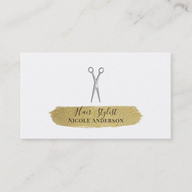 Silver Scissors Gold Glitter Brush Hair Stylist Business Card (Front)