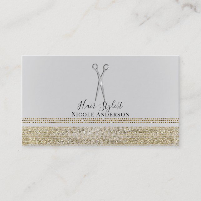 Silver Scissors Gold Sparkle Chic Hair Stylist Business Card (Front)
