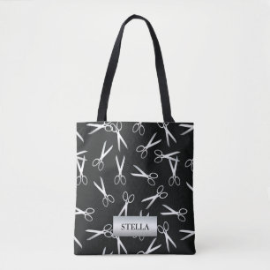Silver Scissors Pattern Custom Name Tote Bag
