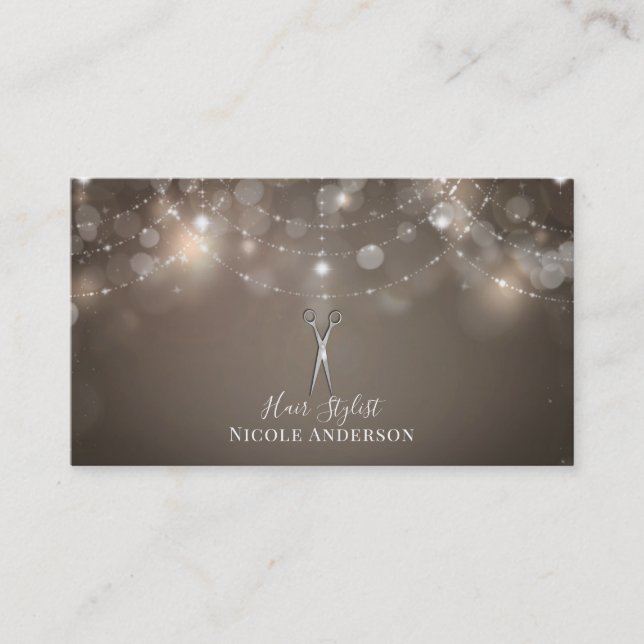 Silver Scissors Taupe Sparkle Chic Hair Stylist Business Card (Front)