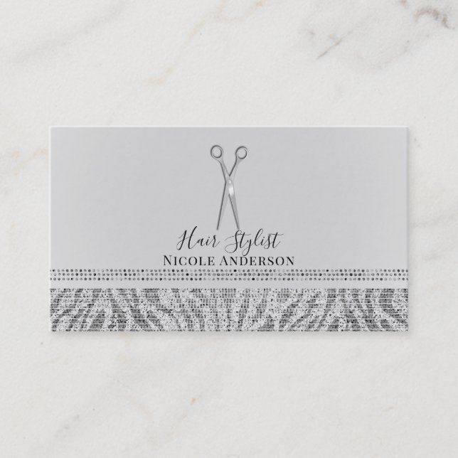 Silver Scissors White Grey Zebra Chic Hair Stylist Business Card (Front)