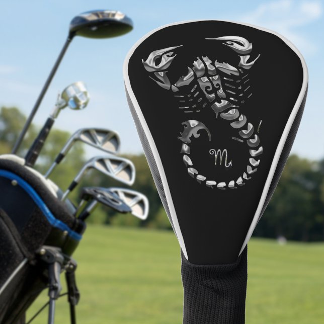 Silver Scorpio Zodiac Sign Astrology Scorpion Golf Head Cover (silver metallic Scorpio scorpion zodiac sign astrology golf head cover with black background)