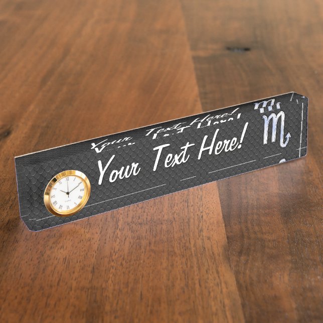 Silver Scorpio Zodiac Sign black snake skin Nameplate (Side)