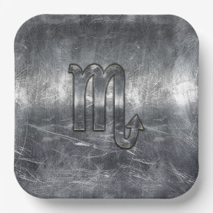 Silver Scorpio Zodiac Sign Distressed Metal Style Paper Plate