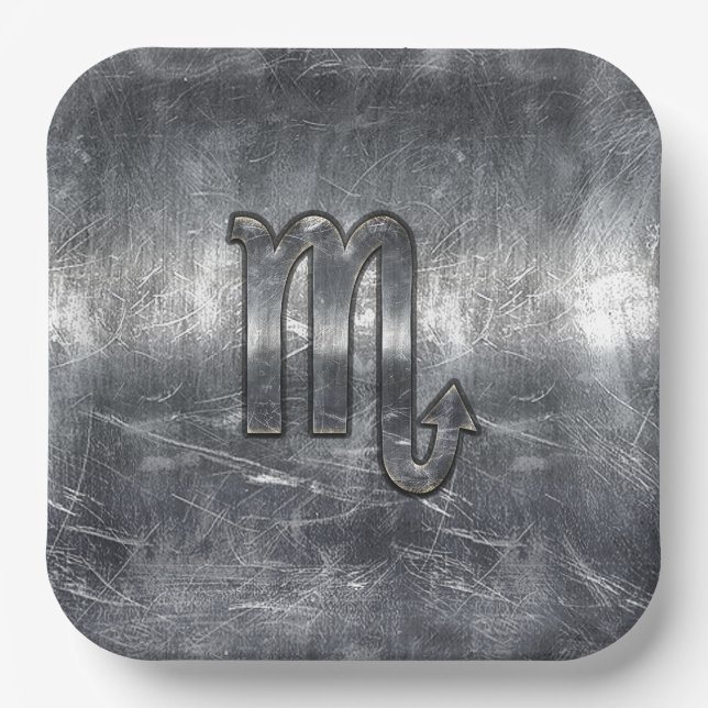 Silver Scorpio Zodiac Sign Distressed Metal Style Paper Plate (Front)