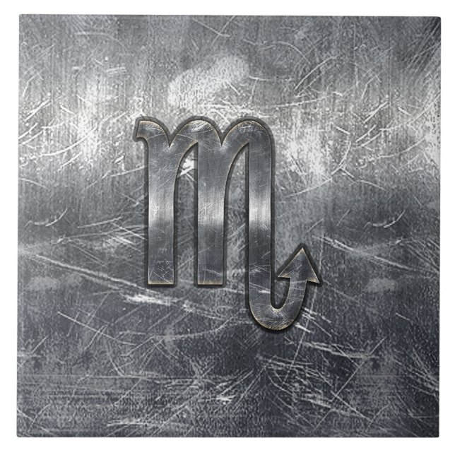 Silver Scorpio Zodiac Sign Distressed Metal Style Tile (Front)