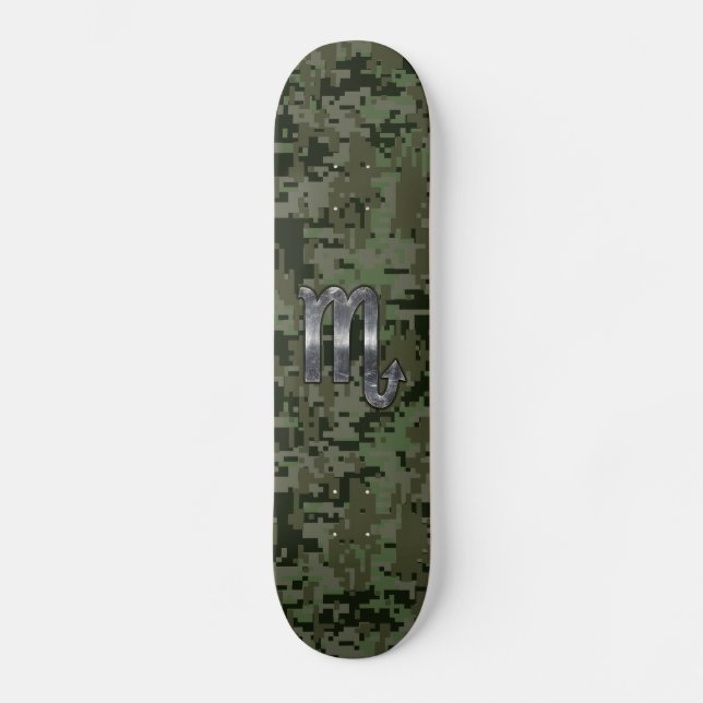 Silver Scorpio Zodiac Sign Woodland Digital Camo Skateboard (Front)