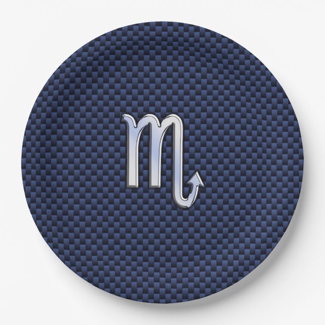 Silver Scorpio Zodiac Symbol Navy Carbon Fibre Paper Plate (Front)