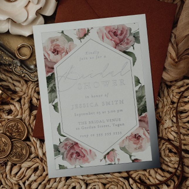 Silver Script Blush Floral Frame Bridal Shower (Creator Uploaded)