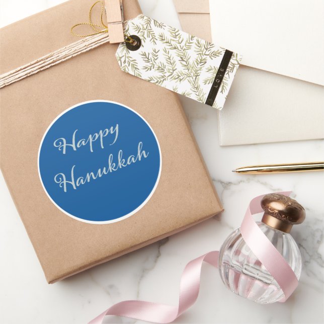 Silver Script Happy Hanukkah Tekhelet Blue  Classic Round Sticker (Gifting)