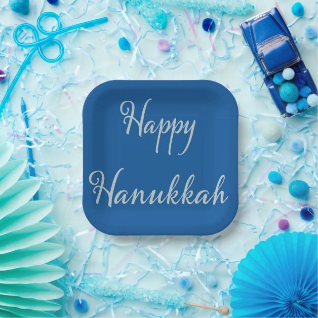 Silver Script Happy Hanukkah Tekhelet Blue Paper Plate (Party)