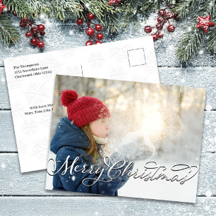 Silver Script Merry Christmas Photo Holiday Postcard