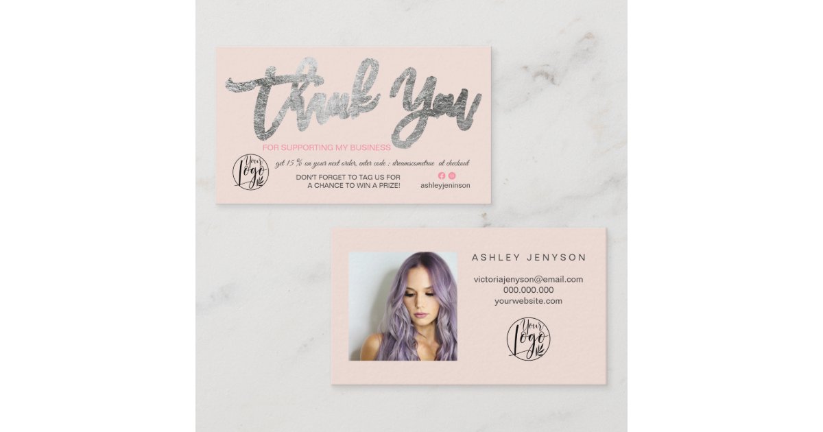 Silver script photo logo pink order thank you business card | Zazzle