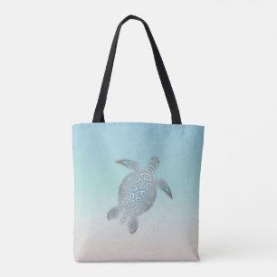 Silver Sea Turtle Beach Style Turquoise Coastal Tote Bag