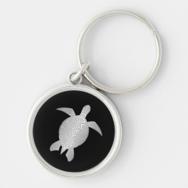 Silver Sea Turtle Black Background Key Ring (Front)