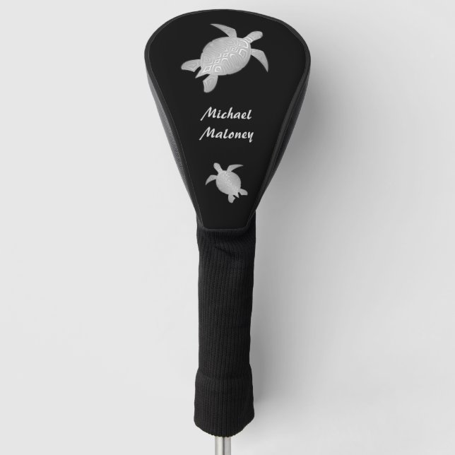 Silver Sea Turtle Black Your Name Golf Head Cover (Front)