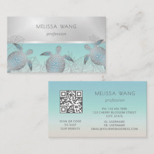 Silver Sea Turtle Coastal QR Code Business Card