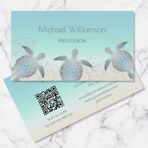 Silver Sea Turtle Coastal QR Code Business Card