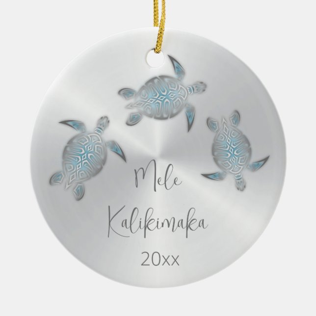 Silver Sea Turtle | Hawaiian Christmas Ceramic Tree Decoration (Front)
