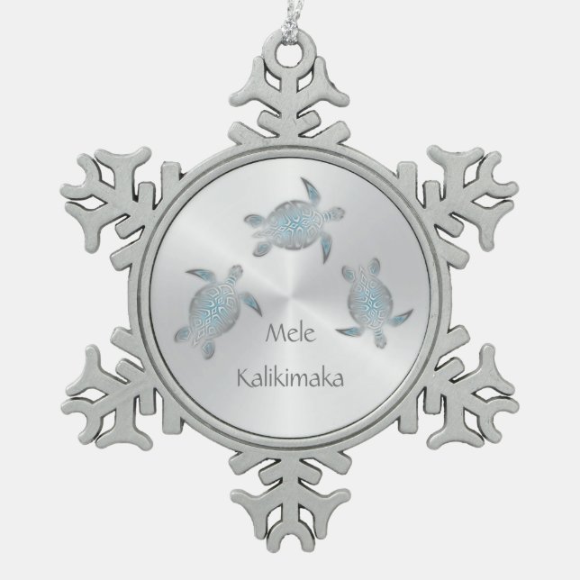 Silver Sea Turtle | Mele Kalikimaka | Hawaiian Snowflake Pewter Christmas Ornament (Front)