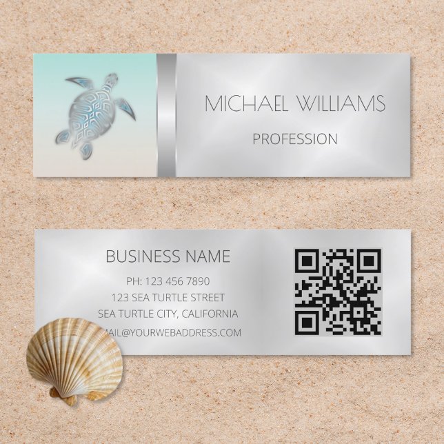 Silver Sea Turtle QR Code Beach Style Mini Business Card (Creator Uploaded)