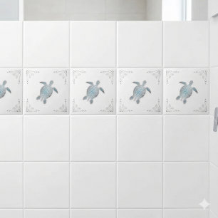 Silver Sea Turtle White Coastal  Tile