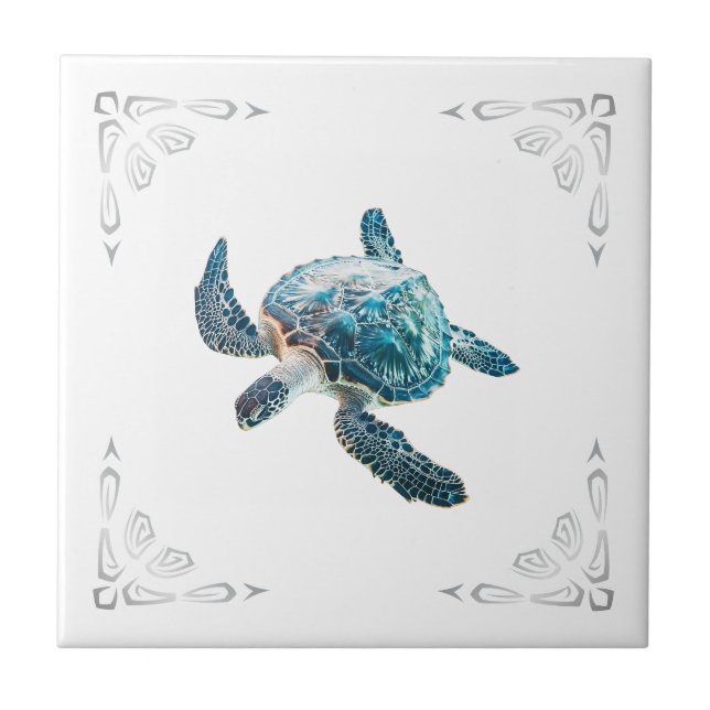 Silver Sea Turtle White Coastal  Tile (Front)