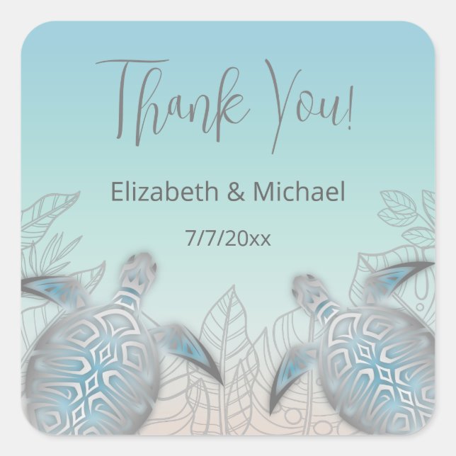 Silver Sea Turtles | Beach Wedding Thank You  Square Sticker (Front)