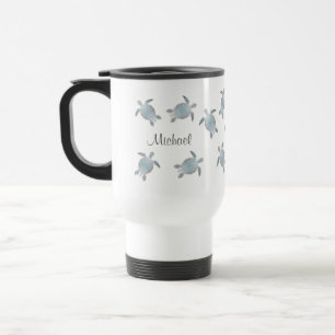 Silver Sea Turtles Coastal Maritime Monogram Travel Mug
