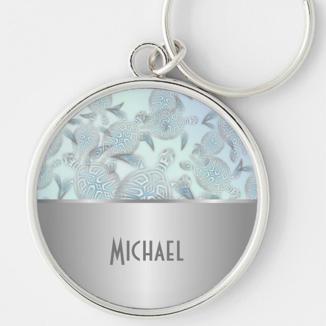 Silver Sea Turtles Pattern Monogram Key Ring (Front)
