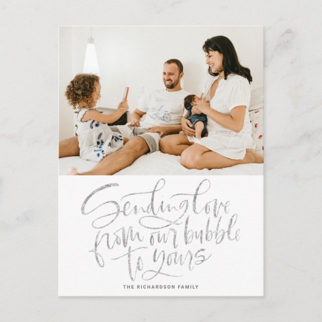 Silver Sending Love from Our Bubble to Yours Photo Holiday Postcard (Front)