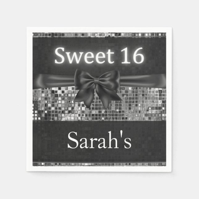 Silver Sequin and Black Bow Sweet 16 Napkins (Front)