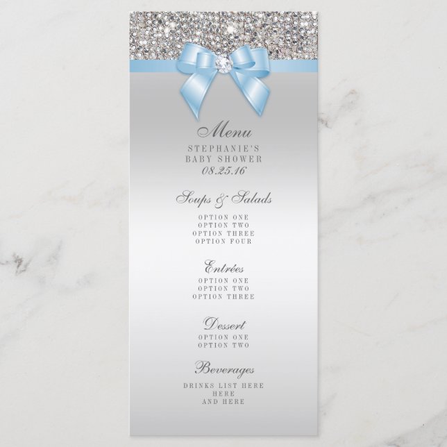 Silver Sequin Baby Blue Bow Baby Shower Menu (Front)