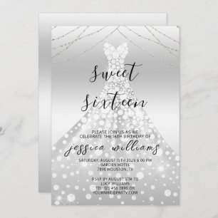 Silver Sequin Ball Gown Sweet 16 Birthday Invitation