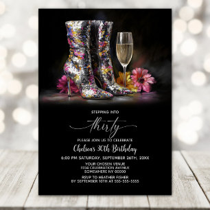 Silver Sequin Boots 30th Birthday Party Invitation