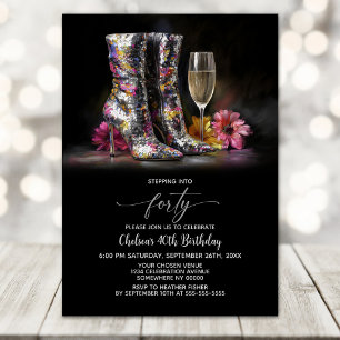 Silver Sequin Boots 40th Birthday Party Invitation