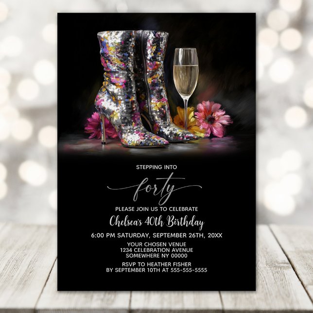 Silver Sequin Boots 40th Birthday Party Invitation (Creator Uploaded)