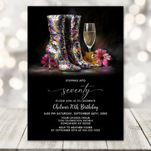 Silver Sequin Boots 70th Birthday Party Invitation