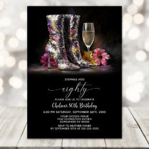 Silver Sequin Boots 80th Birthday Party Invitation