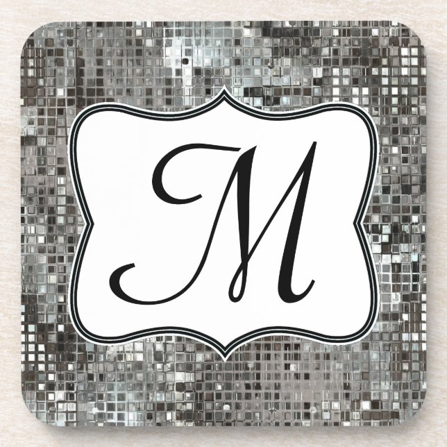 Silver Sequin Dazzle Glitz Monogram Drink Coaster (Front)