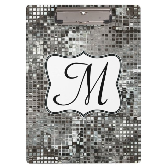 Silver Sequin Dazzle Monogram Initial Clip Board (Front)