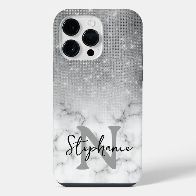 Silver Sequin Diamonds Marble Ombre Monogram iPhone Case (Back)