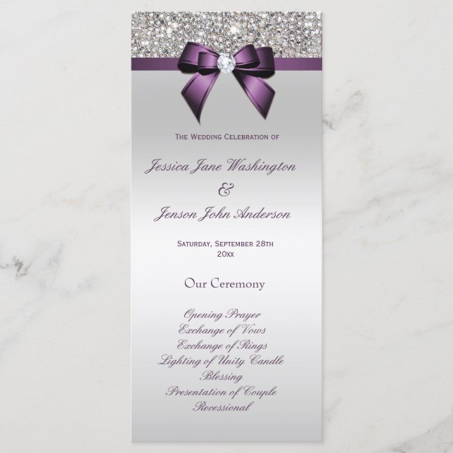 Silver Sequin Purple Bow Wedding Program Programme (Front)