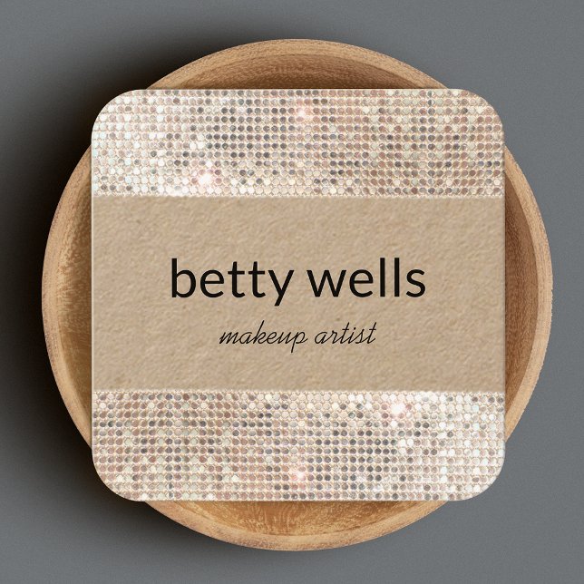 Silver Sequin Striped Makeup Artist Kraft Square Business Card (Creator Uploaded)