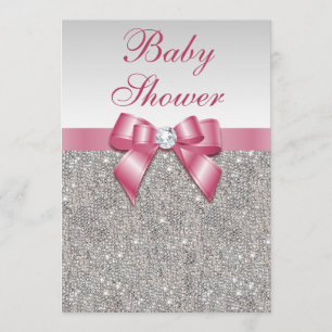 Silver Sequins and Bow Girls Pink Baby Shower Invitation