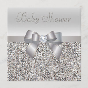 Silver Sequins, Bow & Diamond Baby Shower Invitation