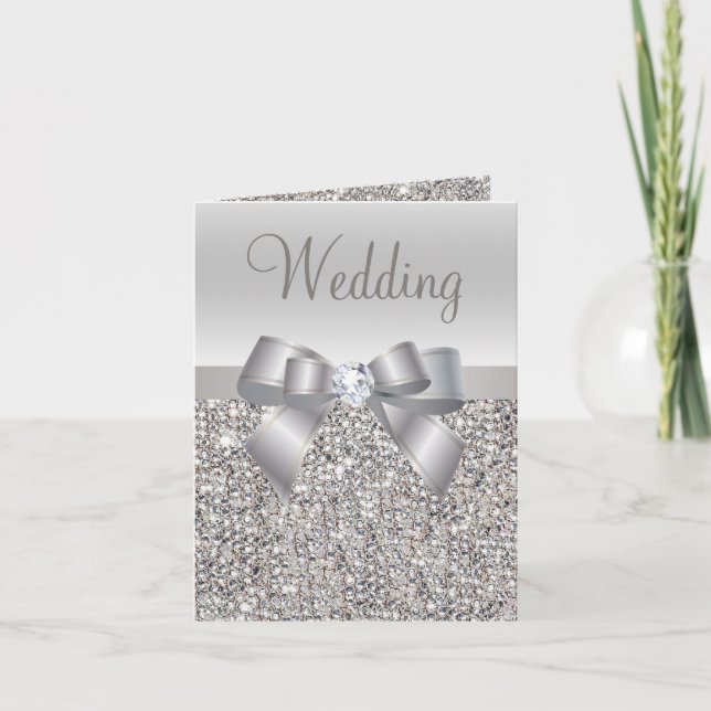 Silver Sequins, Bow & Diamond Wedding Invites (Front)
