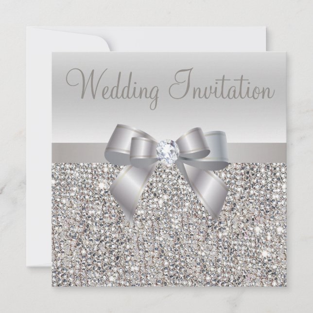 Silver Sequins, Bow & Diamond Wedding Invites (Front)
