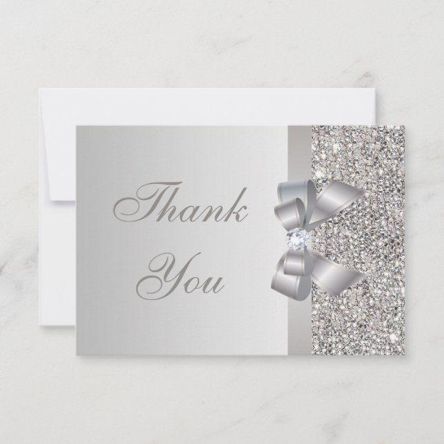 Silver Sequins, Bow & Diamond Wedding Thank You Card (Front)