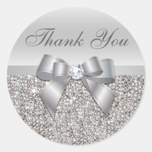 Silver Sequins Bow Thank You Stickers